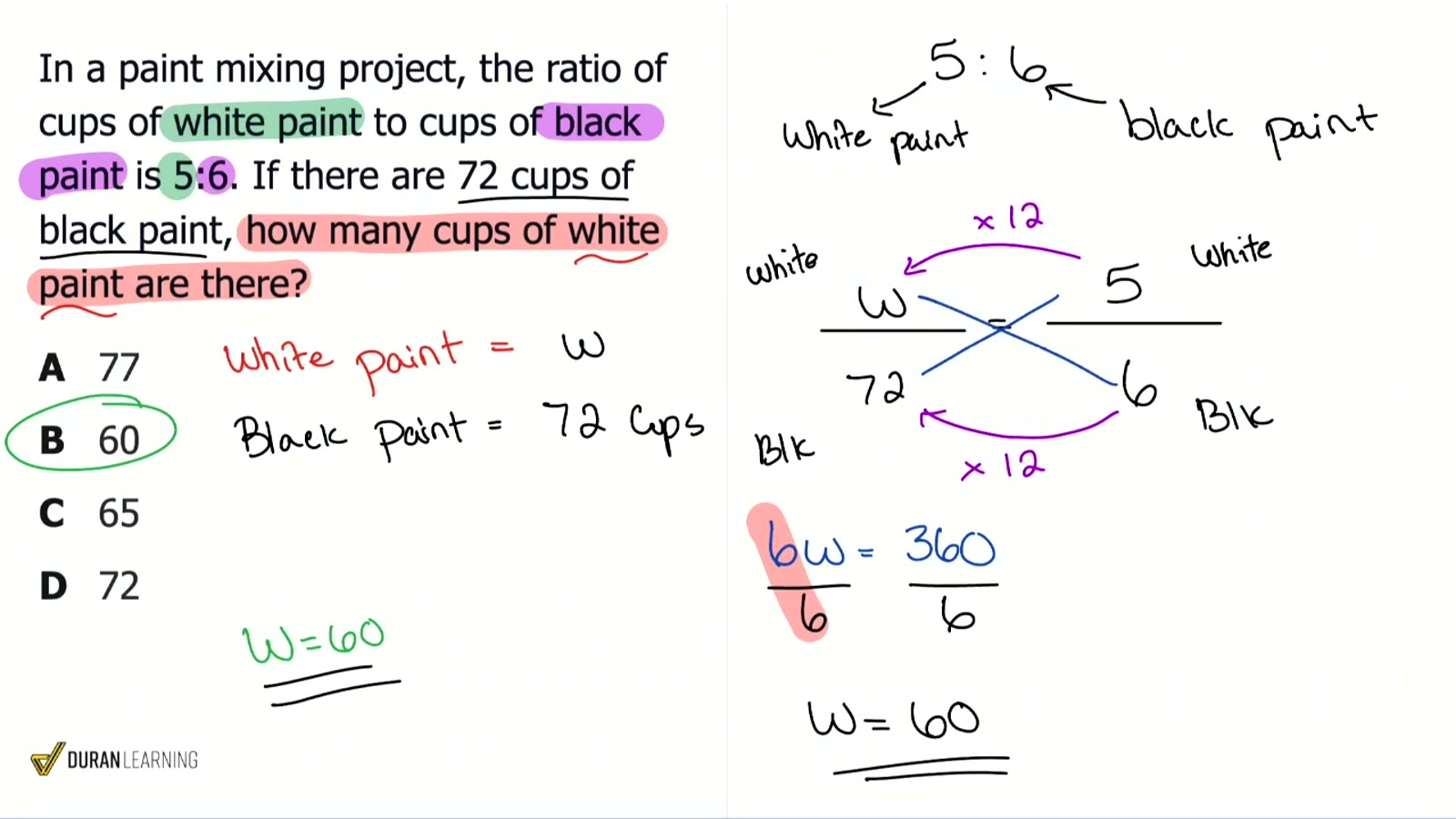 Coach Anderson's board at the end of this problem in class: the ratio set up, cross multiplied, and the answer circled
