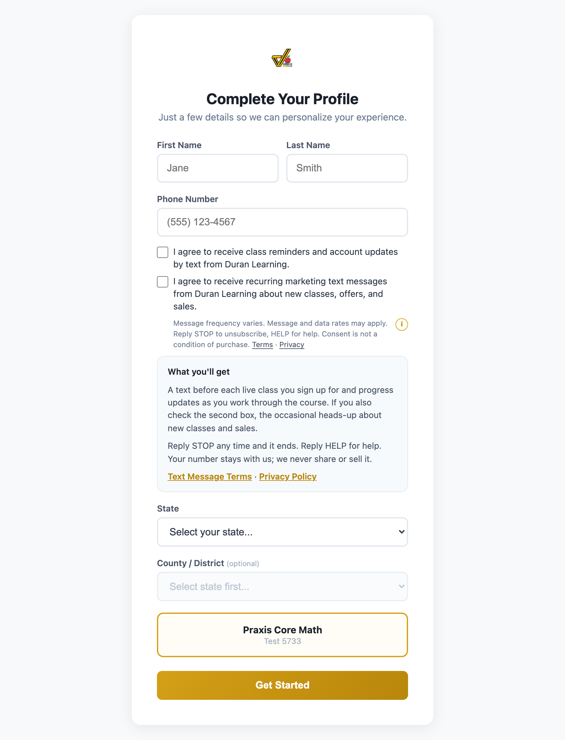 The same page with the details note expanded beneath the disclosure: what you'll get, reply STOP any time, reply HELP for help, your number is never shared or sold